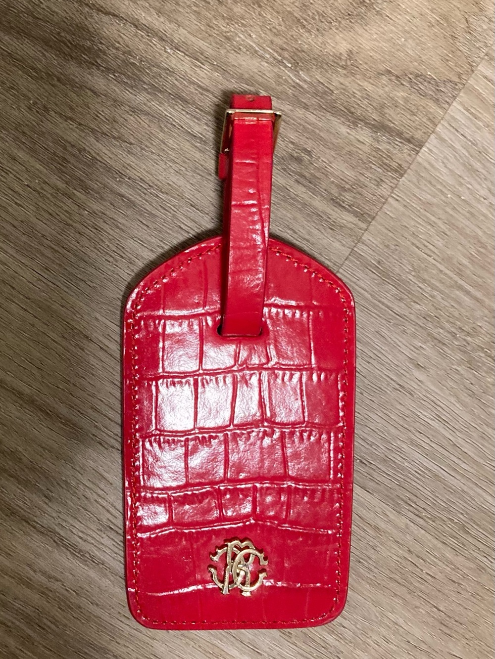 Roberto Cavalli Red Croc-Embossed Luggage Tag with Gold Crest Accent